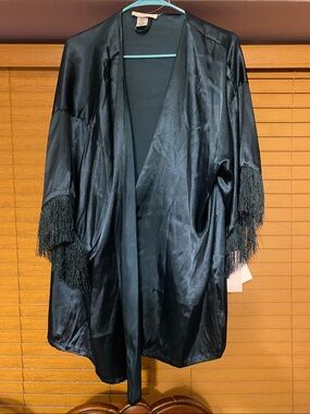 Linea Donatella Green Satin Robe with Fringe Trim